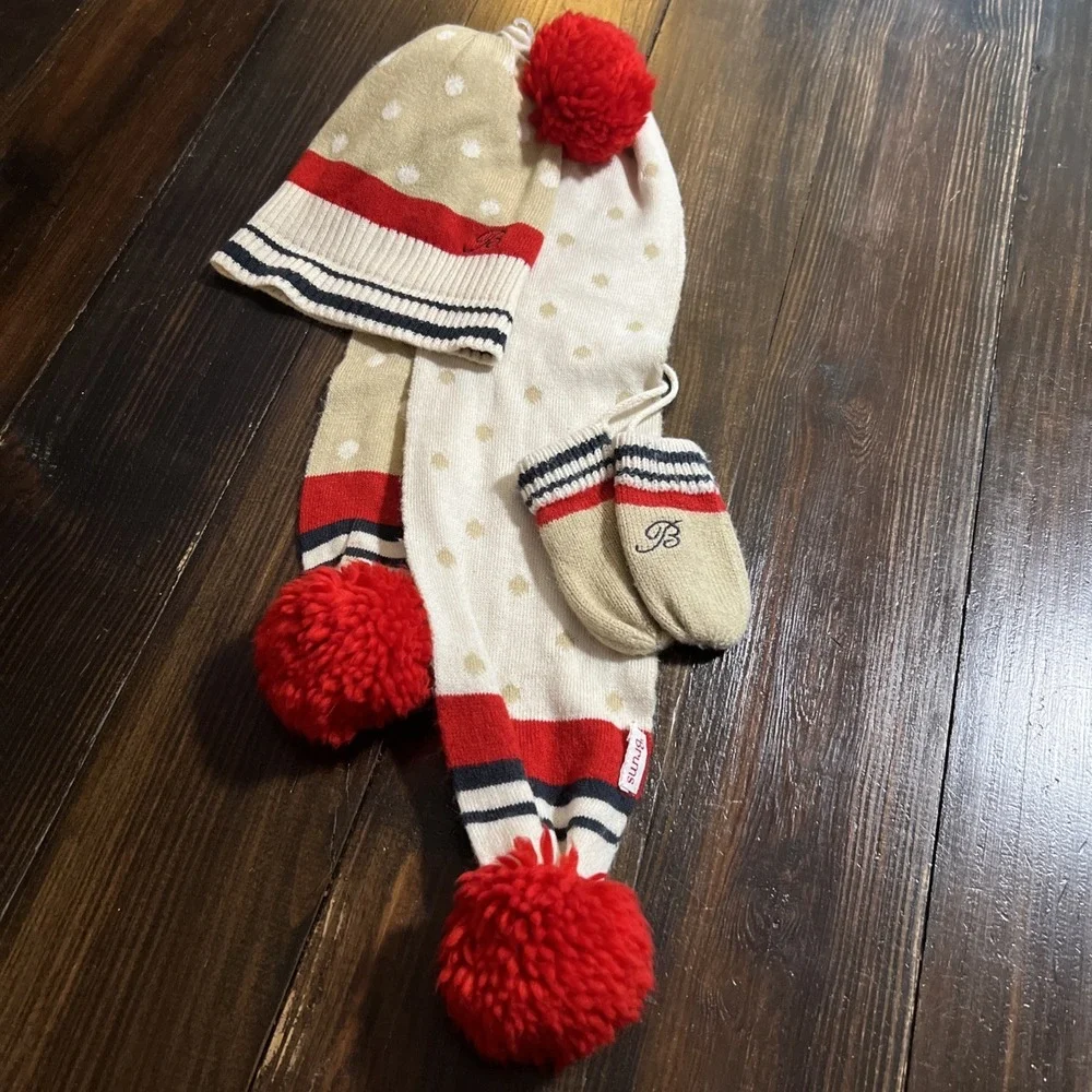 BRUMS  Cable Knit Pom Pom Hat, Scarf & Mittens Set - Toddlers Size